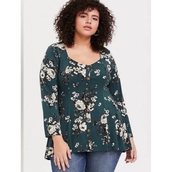 Torrid Womens 00 (M/L) Green Floral Button Down Long Sleeve Knit Top Shirt Rayon - Picture 1 of 7